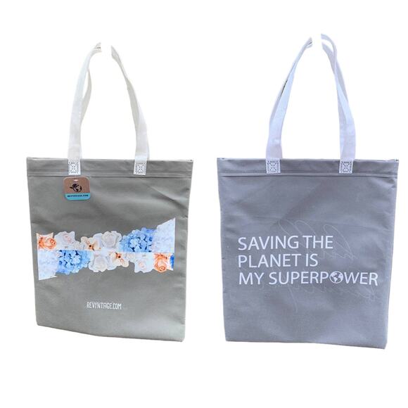 Upcycled Hand Printed Flower Hydrangea Rose Flowers Saving the Planet Tote Bag - Picture 1 of 4
